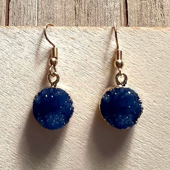 Stone Hook Drop Earring Round Circle Natural Quartz Geode Crystal Jewelry - Picture 4 of 6